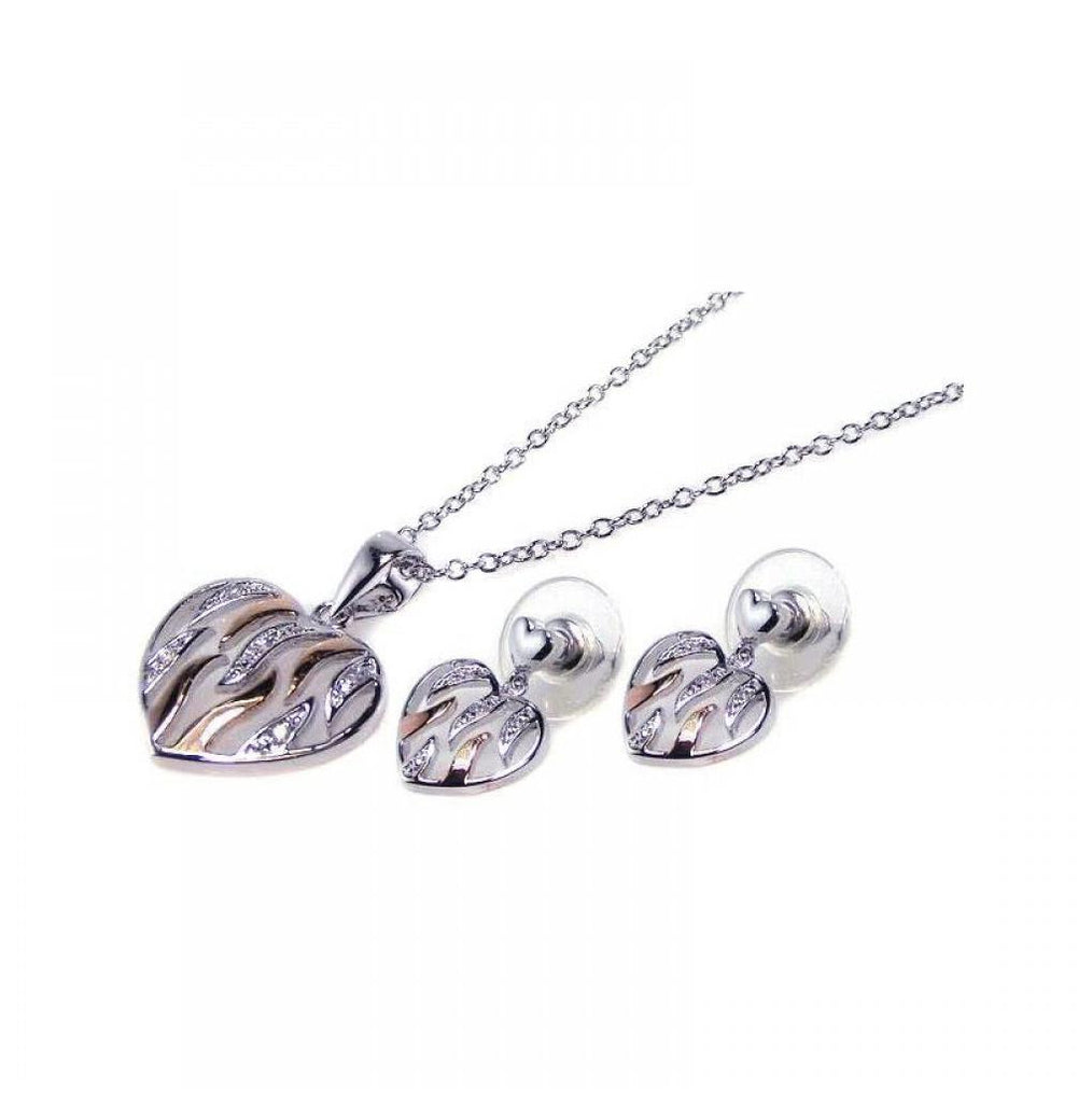 .925 Sterling Silver Rhodium & Gold Plated White Enamel Heart Clear Cz Dangling Stud Earring & Dangling Necklace Set