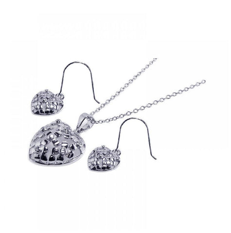 .925 Sterling Silver Rhodium Plated Clear Heart Cz Hook Earring & Dangling Necklace Set