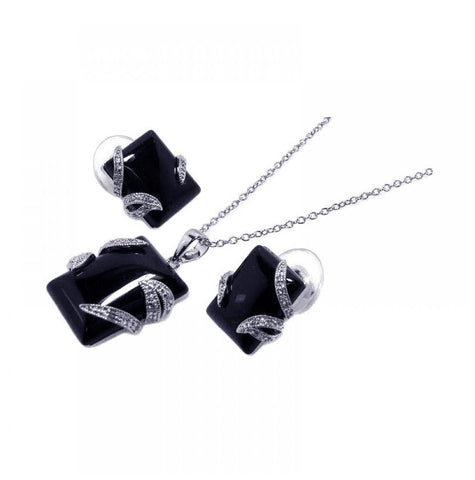 .925 Sterling Silver Rhodium Plated Black Onyx Rectangle Clear Cz Stud Earring & Necklace Set