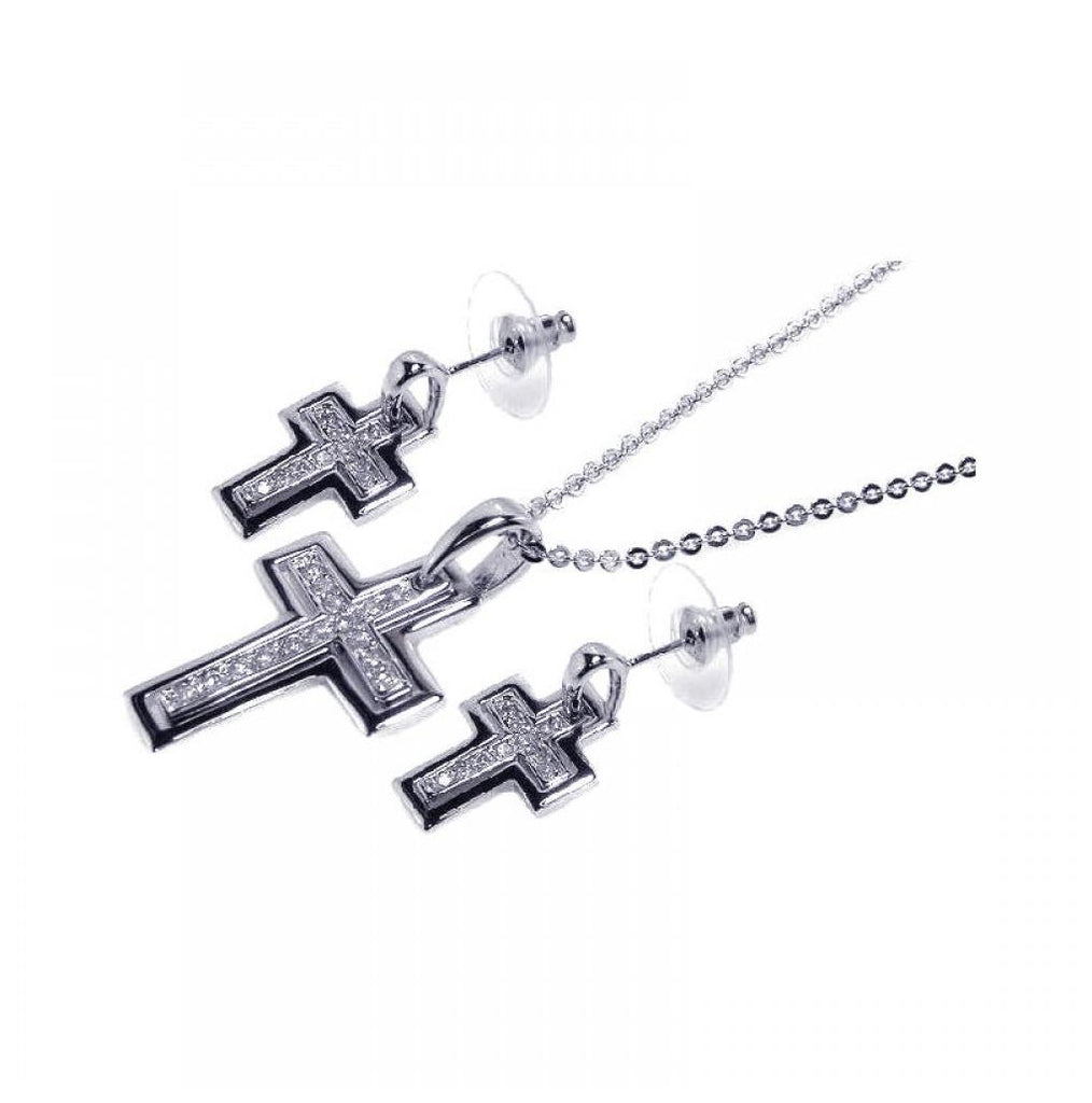 .925 Sterling Silver Rhodium Plated Clear Inlay Cross Cz Dangling Stud Earring & Dangling Necklace Set