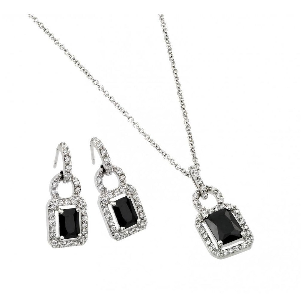 .925 Sterling Silver Rhodium Plated Black & Clear Rectangle Cz Hook Earring & Dangling Necklace Set