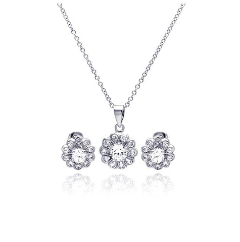 .925 Sterling Silver Rhodium Plated Clear Flower Cz Stud Earring & Necklace Set