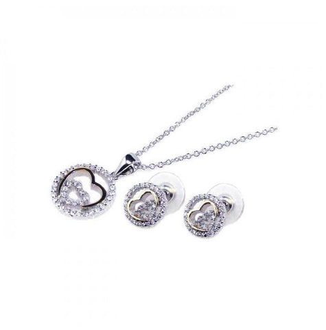 .925 Sterling Silver Rhodium & Gold Plated Heart Clear Open Cz Stud Earring & Necklace Set