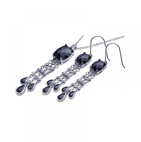 .925 Sterling Silver Rhodium Plated Black & Clear Rectangle Tear Drop Cz Dangling Hook Earring & Dangling Necklace Set