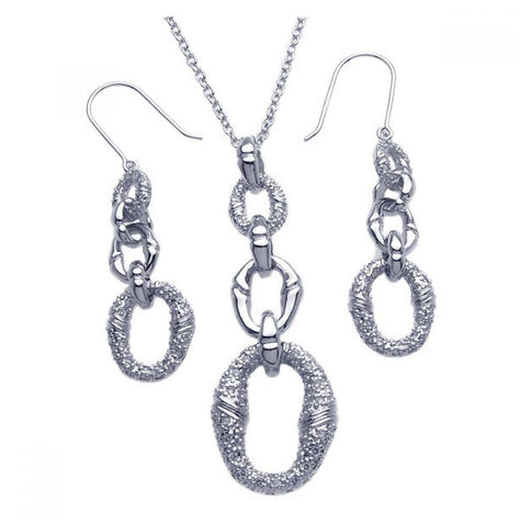 .925 Sterling Silver Rhodium Plated Micro Pave Clear Open Circle Cz Hook Earring & Dangling Necklace Set