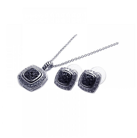 .925 Sterling Silver Rhodium Plated Black & Clear Square Cz Stud Earring & Necklace Set