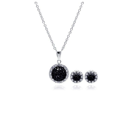 .925 Sterling Silver Rhodium & Black Plated Clear & Black Round Circle Cz Stud Earring & Dangling Necklace Set