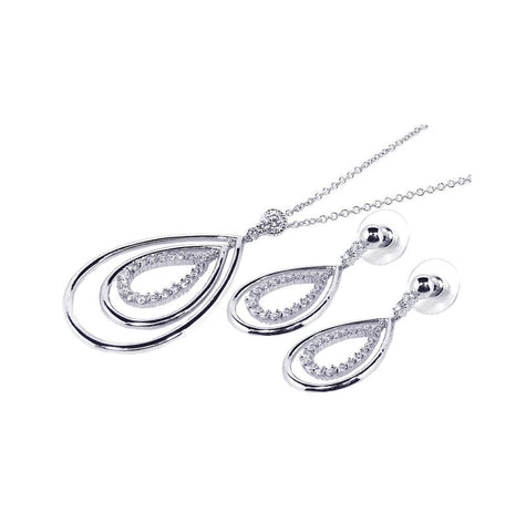 .925 Sterling Silver Rhodium Plated Clear Open Tear Drop Cz Dangling Stud Earring & Dangling Necklace Set