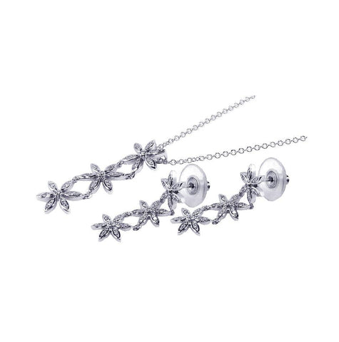 .925 Sterling Silver Rhodium Plated Clear Flower Cz Dangling Stud Earring & Dangling Necklace Set