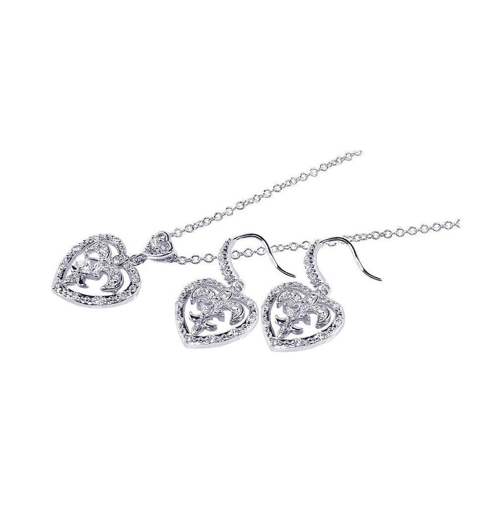 .925 Sterling Silver Rhodium Plated Clear Heart Crest Cz Hook Earring & Dangling Necklace Set