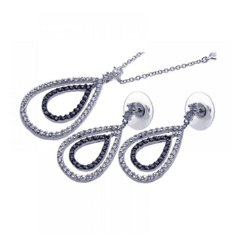 .925 Sterling Silver Rhodium & Black Rhodium Plated Clear & Black Open Tear Drop Cz Dangling Stud Earring & Necklace Set