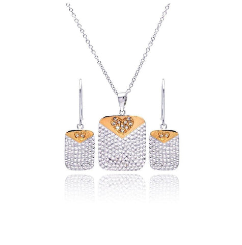 .925 Sterling Silver Rhodium & Gold Plated Clear Heart Dog Tag Cz Dangling Stud Earring & Necklace Set