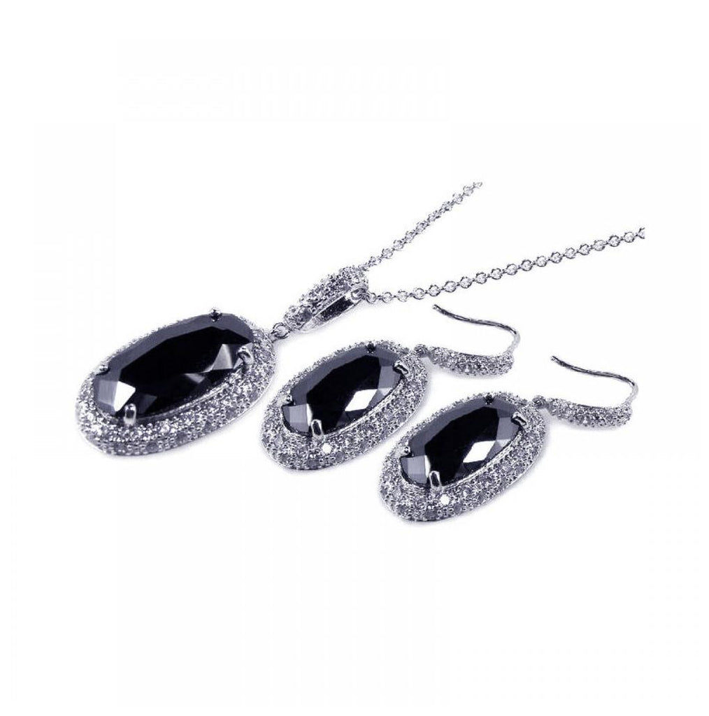 .925 Sterling Silver Rhodium Plated Black Oval & Clear Micro Pave Cz Hook Earring & Dangling Necklace Set