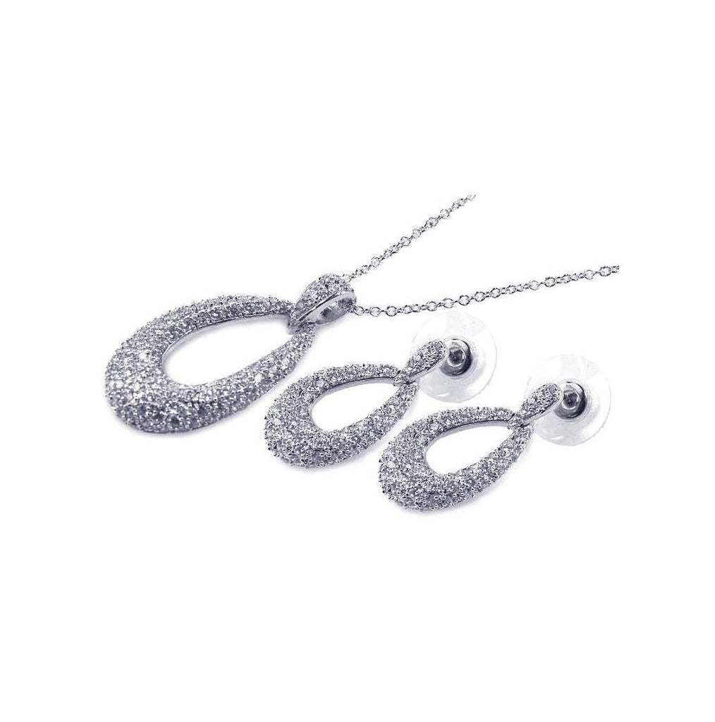 .925 Sterling Silver Rhodium Plated Open Oval Clear Cz Dangling Stud Earring & Necklace Set