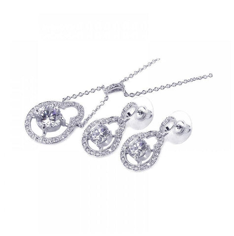 .925 Sterling Silver Rhodium Plated Round Circle Open Clear Center Cz Dangling Stud Earring & Dangling Necklace Set