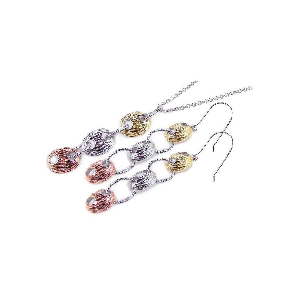 .925 Sterling Silver Rhodiumgoldrose Gold Plated Multi Tone Dangling Hook Earring & Dangling Necklace Set