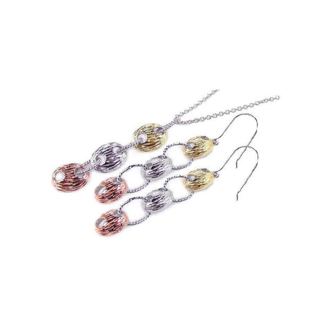 .925 Sterling Silver Rhodiumgoldrose Gold Plated Multi Tone Dangling Hook Earring & Dangling Necklace Set