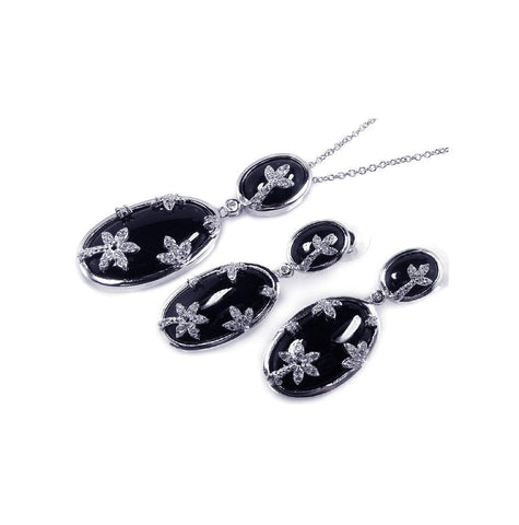 .925 Sterling Silver Oval Onyx Clear Cz Flowers Dangling Stud Earring & Dangling Necklace Set