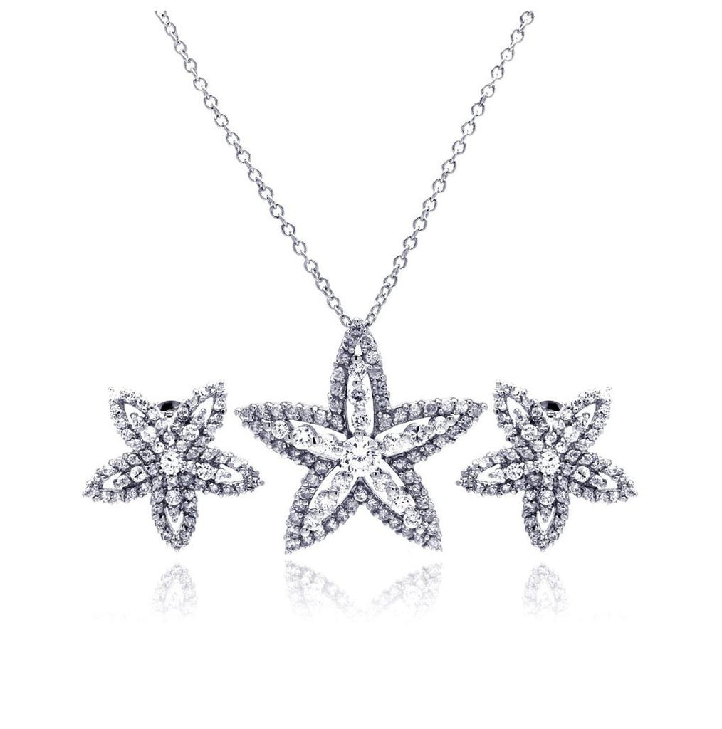 .925 Sterling Silver Rhodium Plated Clear Star Flower Cz Stud Earring & Necklace Set