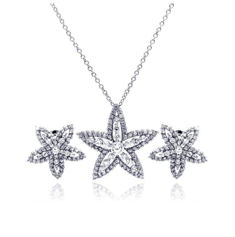 .925 Sterling Silver Rhodium Plated Clear Star Flower Cz Stud Earring & Necklace Set