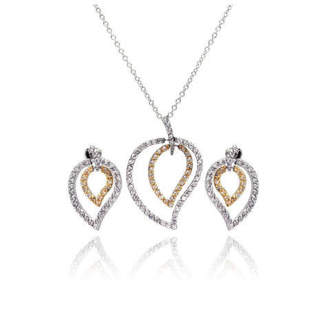 .925 Sterling Silver Rhodium & Gold Plated Clear Open Leaf Cz Stud Earring & Dangling Necklace Set