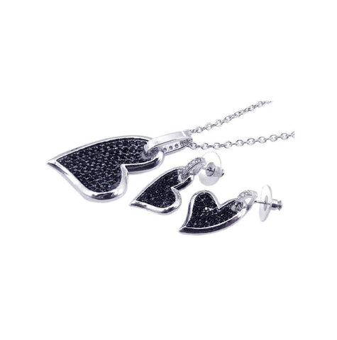 .925 Sterling Silver Rhodium & Black Rhodium Plated Black Pave Set Heart Cz Dangling Stud Earring & Dangling Necklace Set