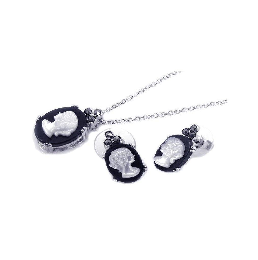 .925 Sterling Silver Rhodium Plated Pearl Woman Lady Figure Black Onyx Black Cz Stud Earring & Necklace Set