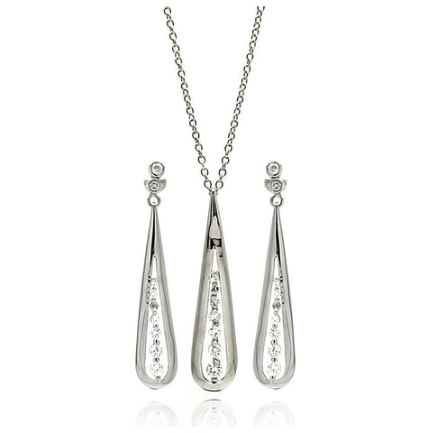 .925 Sterling Silver Rhodium Plated Clear Slim Tear Drop Cz Dangling Stud Earring & Necklace Set