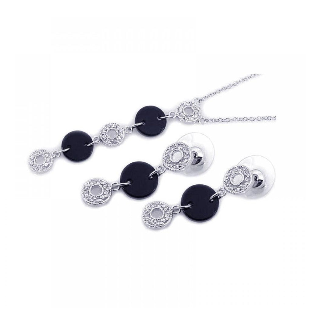 .925 Sterling Silver Rhodium Plated Black Round Open Circle Clear Cz Dangling Stud Earring & Dangling Necklace Set