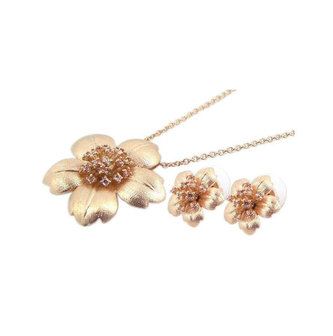 .925 Sterling Silver Gold Plated Flower Pink Cz Stud Earring & Necklace Set