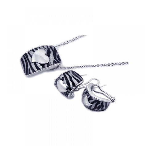 .925 Sterling Silver Rhodium Plated Zebra Stripe Print Enamel Heart French Clip Earring & Necklace Set