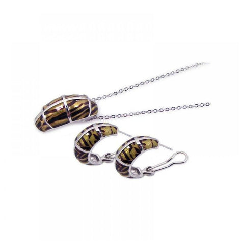 .925 Sterling Silver Rhodium Plated Brown Zebra Stripe Print French Clip Earring & Necklace Set