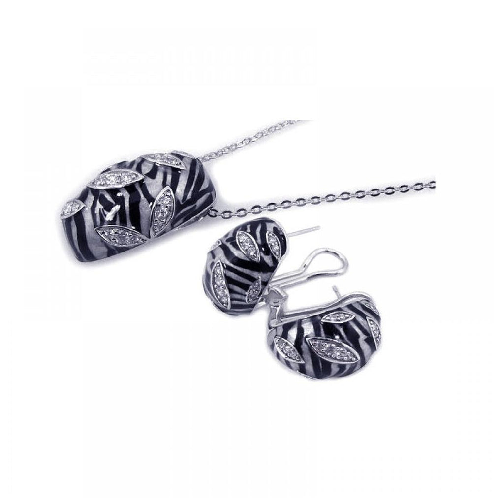 .925 Sterling Silver Rhodium Plated Zebra Stripe Print Clear Cz French Clip Earring & Necklace Set