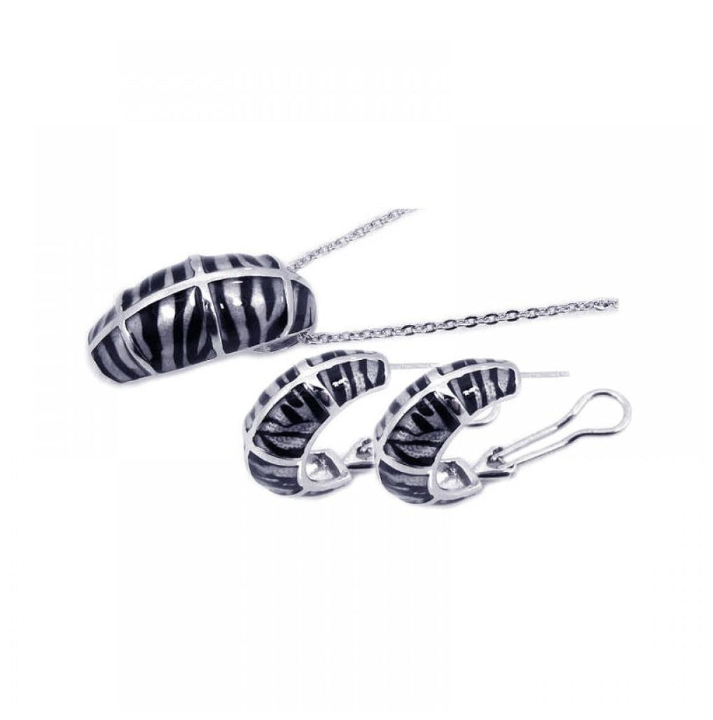 .925 Sterling Silver Rhodium Plated Black Zebra Stripe Print French Clip Earring & Necklace Set