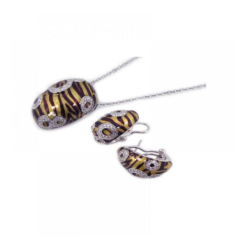 .925 Sterling Silver Rhodium Plated Brown Zebra Stripe Print Clear Cz French Clip Earring & Necklace Set