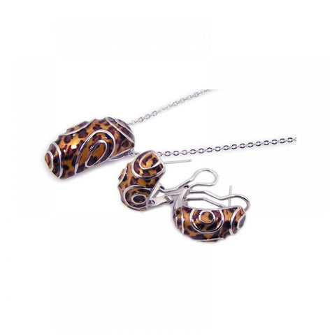 .925 Sterling Silver Rhodium Plated Brown Leopard Print French Clip Earring & Necklace Set