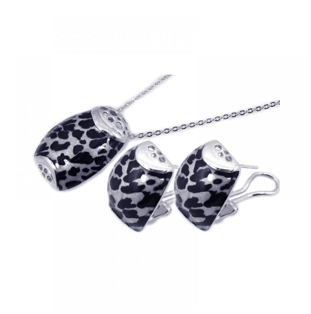 .925 Sterling Silver Rhodium Plated Black Leopard Enamel Clear Cz French Clip Earring & Necklace Set