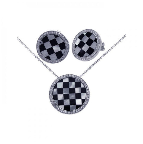 .925 Sterling Silver Rhodium Plated Round Checker Clear Cz Stud Earring & Necklace Set