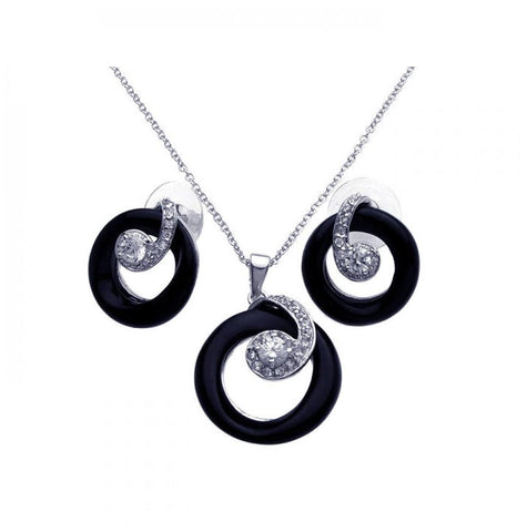 .925 Sterling Silver Rhodium Plated Open Black Onyx Circle Clear Cz Stud Earring & Dangling Necklace Set