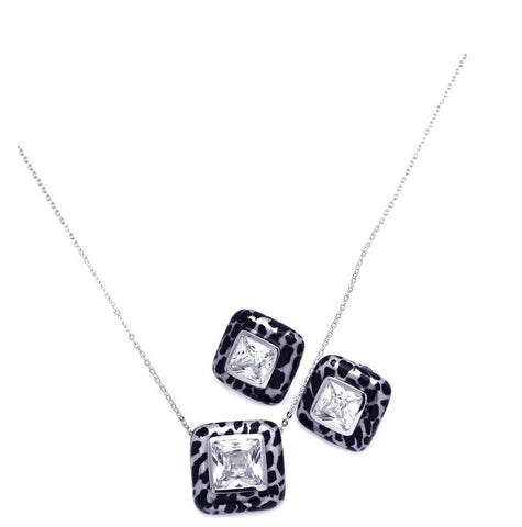 .925 Sterling Silver Rhodium Plated Square Leopard Print Clear Cz Stud Earring & Necklace Set