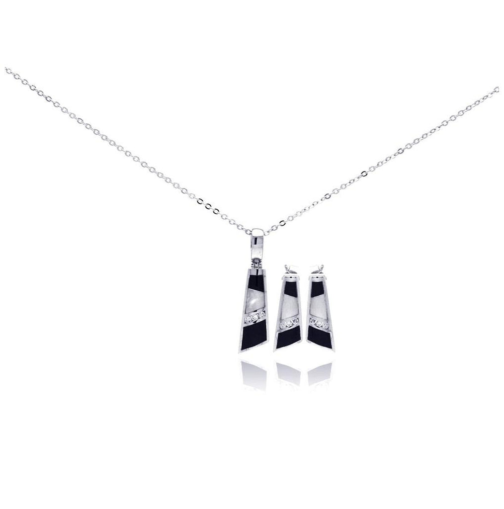 .925 Sterling Silver Rhodium Plated Mother Of Pearl Black Onyx Clear Geometric Cz Stud Earring & Necklace Set