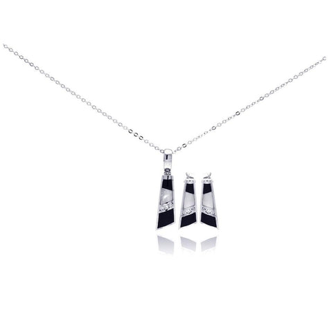 .925 Sterling Silver Rhodium Plated Mother Of Pearl Black Onyx Clear Geometric Cz Stud Earring & Necklace Set