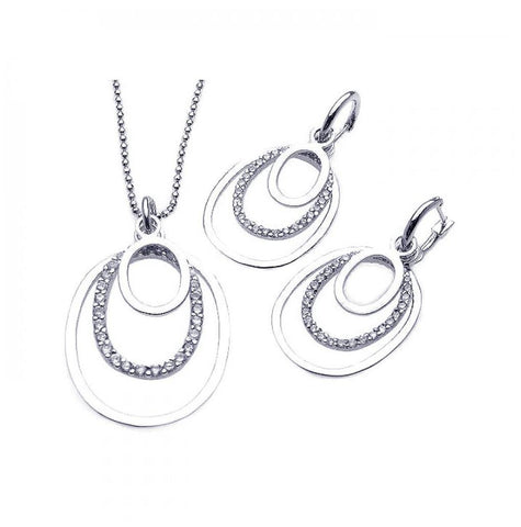 .925 Sterling Silver Rhodium Plated Clear Open Multi Layer Oval Cz Dangling Stud Earring & Dangling Necklace Set