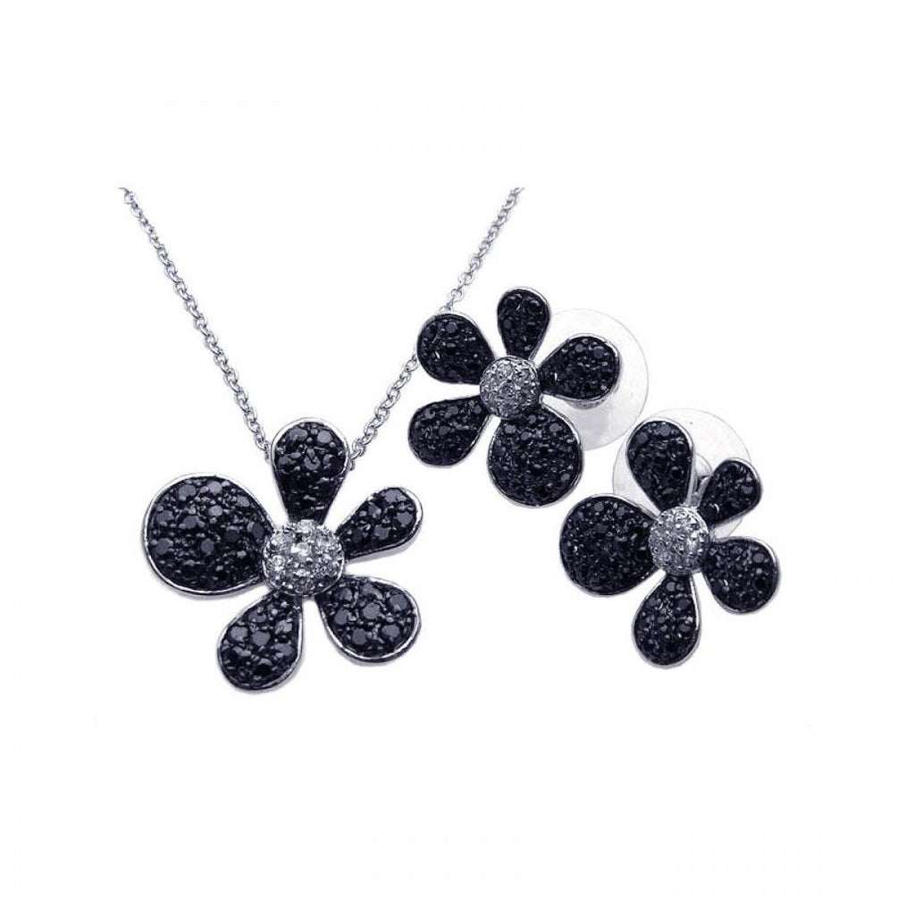 .925 Sterling Silver Rhodium & Black Rhodium Plated Black & Clear Pave Set Flower Cz Stud Earring & Necklace Set