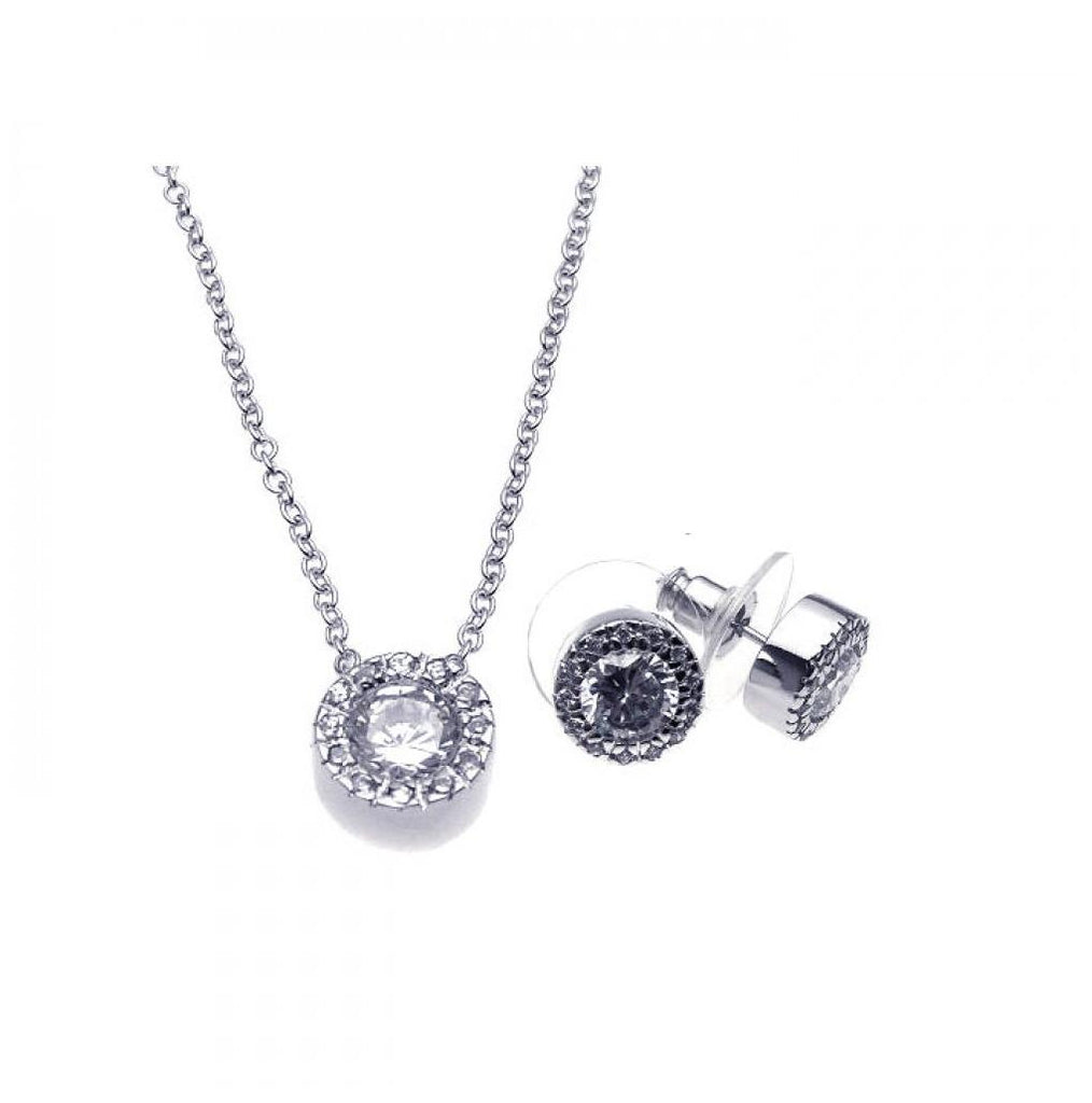 .925 Sterling Silver Rhodium Plated Clear Round Pave Set Cz Stud Earring & Necklace Set