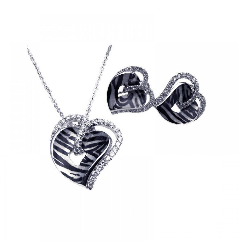 .925 Sterling Silver Rhodium Plated Zebra Stripe Print Heart Clear Cz Stud Earring & Necklace Set