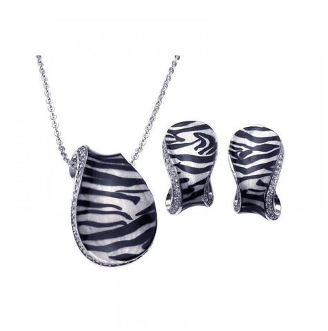 .925 Sterling Silver Rhodium Plated Zebra Stripe Print Folded Clear Cz Stud Earring & Necklace Set