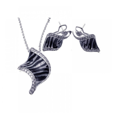 .925 Sterling Silver Rhodium Plated Zebra Stripe Print Clear Curl Cz French Clip Earring & Necklace Set