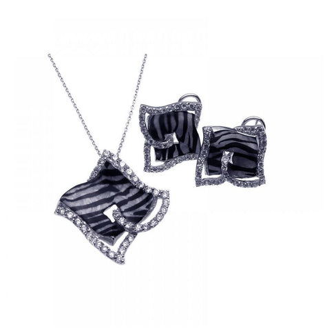 .925 Sterling Silver Rhodium Plated Zebra Stripe Print Square Clear Cz French Clip Earring & Necklace Set