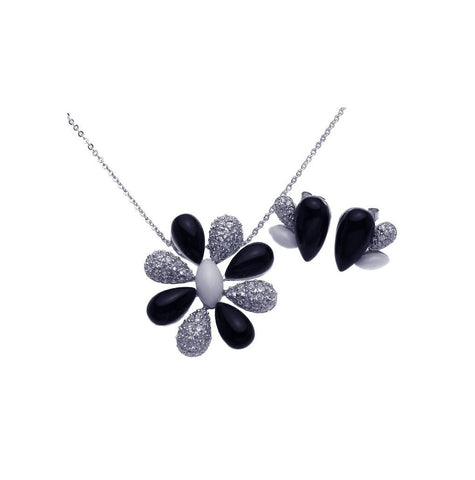 .925 Sterling Silver Rhodium Plated Black Onyx White Enamel Clear Flower Cz Stud Earring & Necklace Set